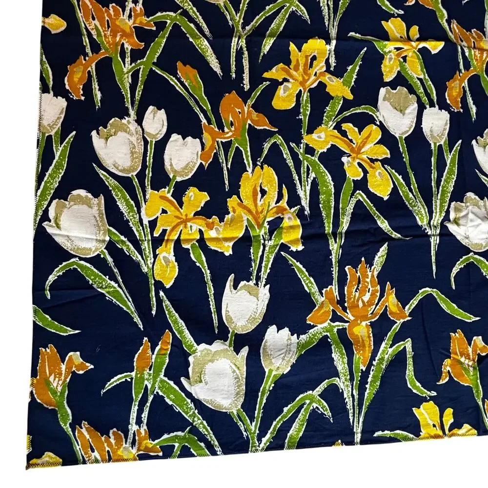 Hand Sewn Fabric Tablecloth navy blue yellow white flowers irises tulips square